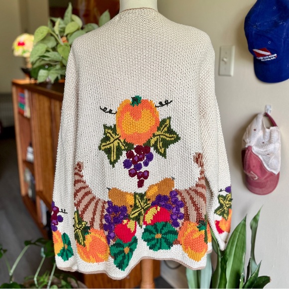 ☾ Vintage RARE hand-knit harvest scene fall graphic cardigan (cotton / ramie) - Picture 6 of 8